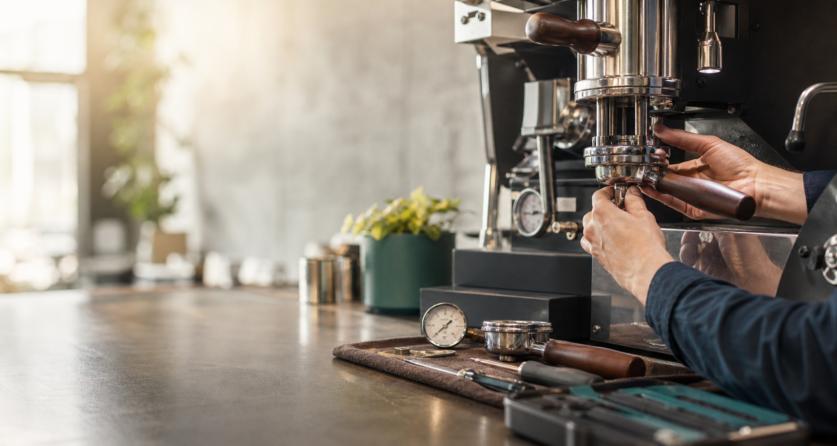 Commercial espresso machine being calibrated by a technician